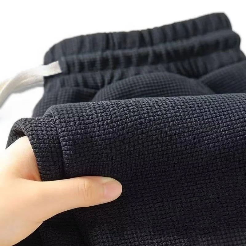 Men's spring-summer trendy brand loose-fitting stretchy straight-leg sweatpants. Waffle fabric. Micro-bouncy sporty casual pants