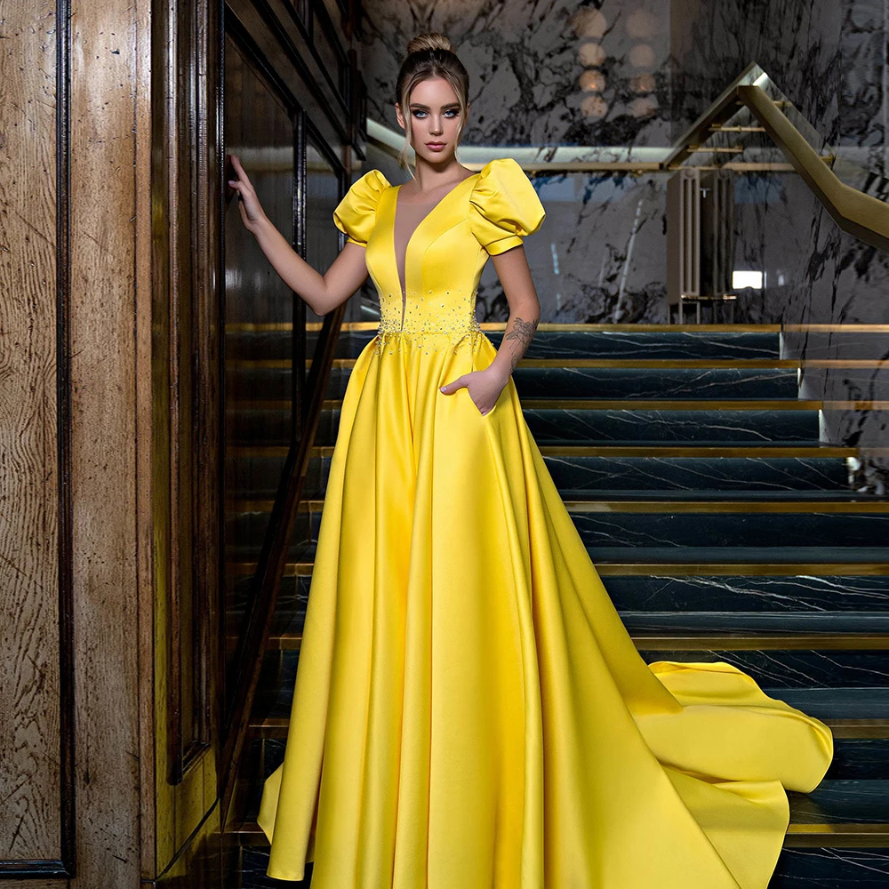 Sequined Short Sleeve Beaded Floor Length Simple Yellow Evening Dresses Deep V Neck Puff Sleeves A-Line Satin Prom Gowns 2023