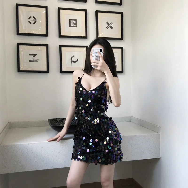 الكورية نمط المرأة بريق ملهى ليلي الزي مثير مطرزة عبر الظهر عارية الذراعين بروتيل فستان عصري مطرزة فستان قصير قصير #5