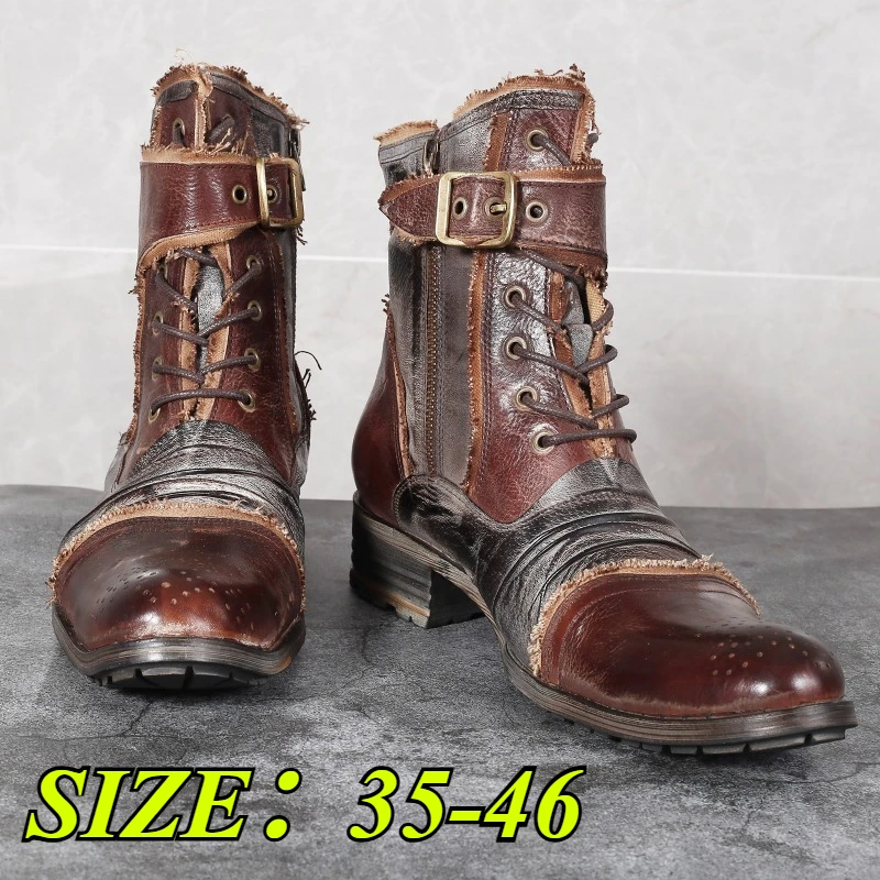 Men's Genuine Leather Western Cowboy Boots Retro Brogue Casual Motorcycle Handcrafted Botas Vaqueras Anti Slip Wearproof Comfy