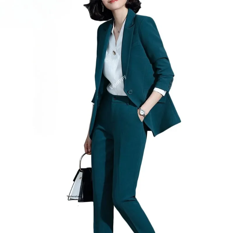 

2024 New Green Women Pant Suit Set Blazer Jacket & Pants Trouser 2 Pieces Set Office Lady Work Wear Suit