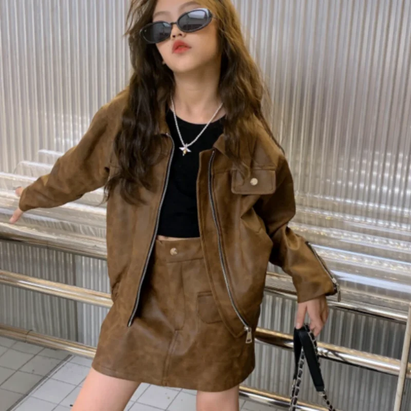 Teenage Girl Spring and Autumn Set Fashion New Style Children's Elegant Leather Jacket+Short Skirt 2-piece Set