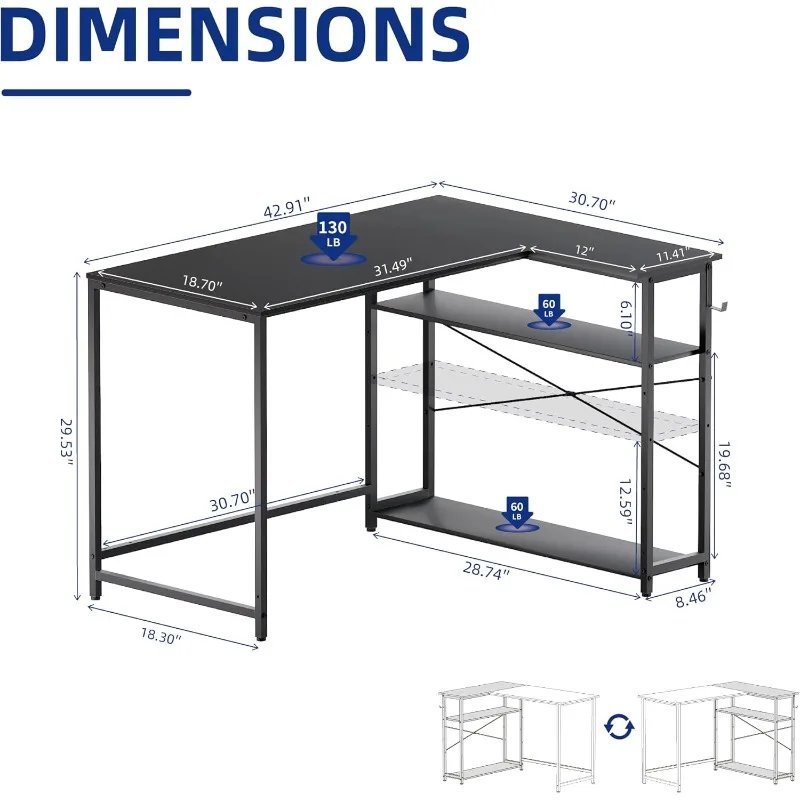 43 Inch L Shaped Computer Desk with Reversible Side Storage Shelves, Small Corner for Space Home Office,Writing Study Table