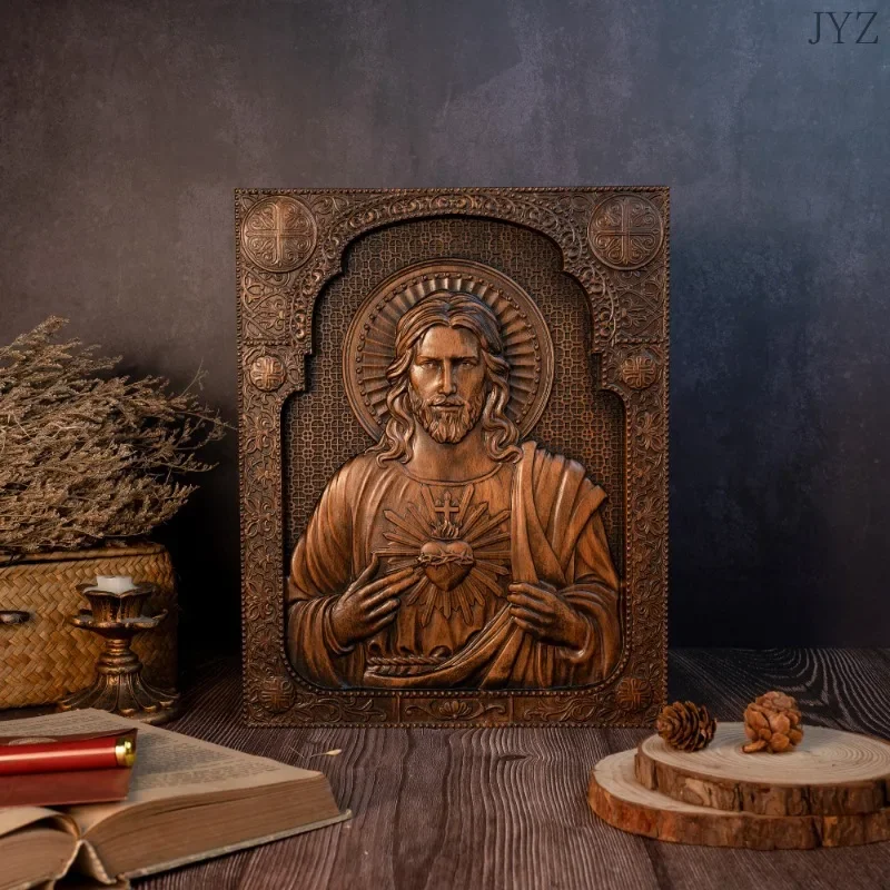 Vintage Religious Wooden Plaque Sacred Heart of Jesus Catholic Jesus Statue, Wall Hanging, Church Room, Home Decor