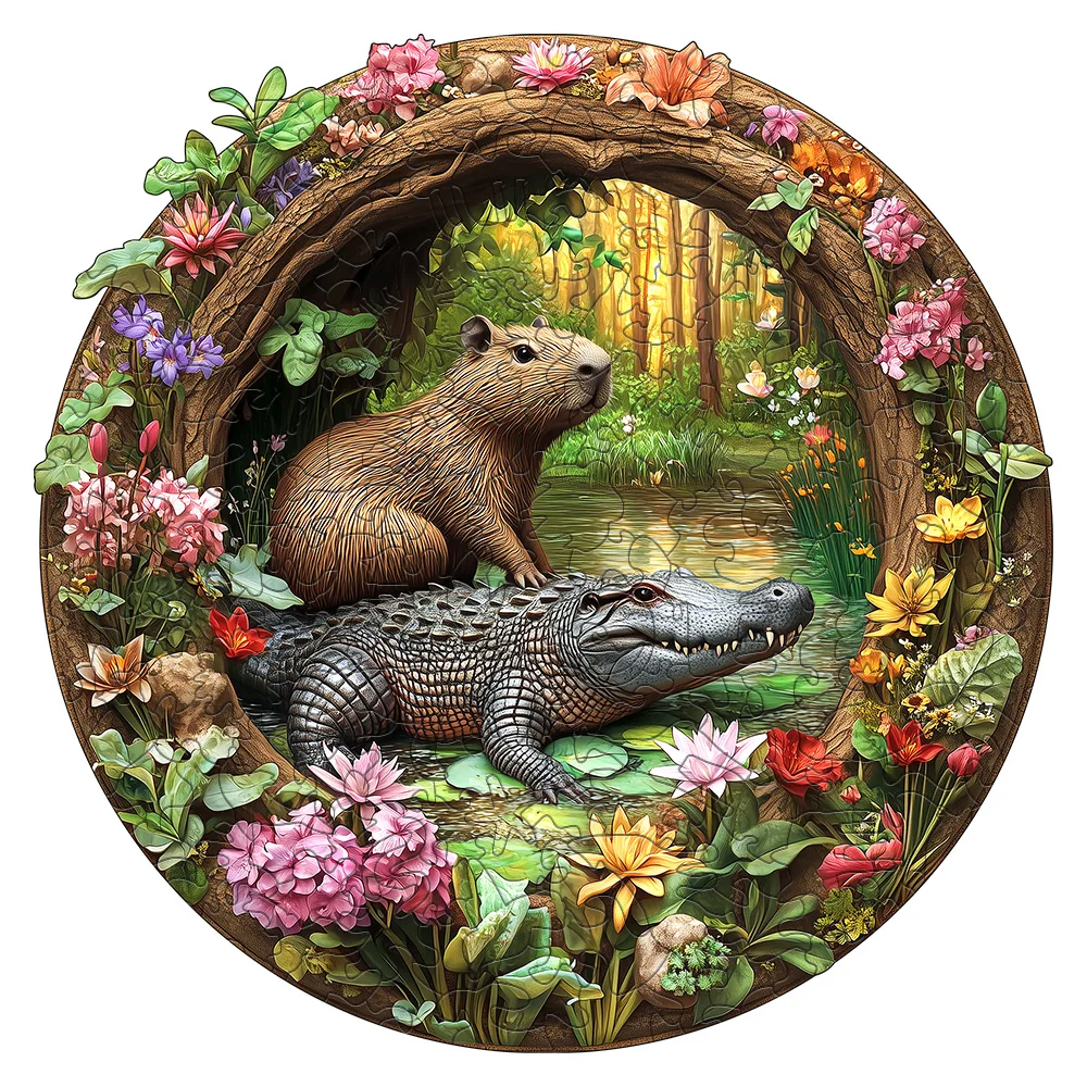 Premium Capybara & Crocodile Wooden Jigsaw Puzzle, Irregular Animal Shaped Pieces, 5A Difficulty, Waterproof, Family Interactive