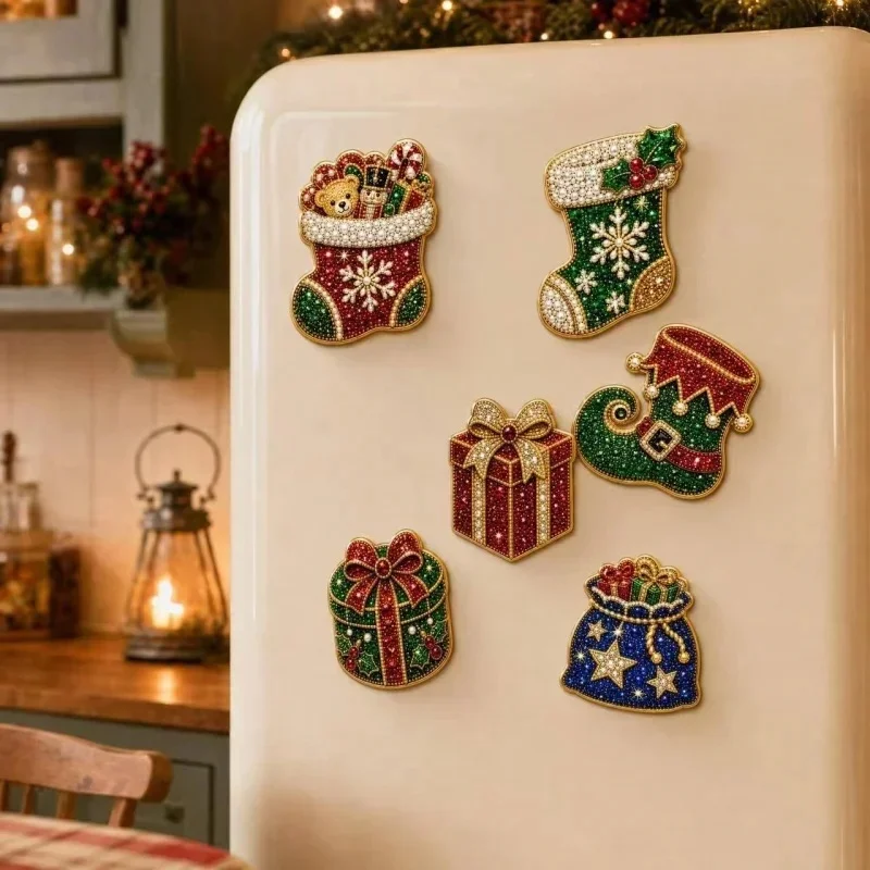 Christmas Diamond Painting Fridge Magnets Kit, 6pcs Rhinestone Refrigerator Sticker, Xmas Stocking Gift Handmade Home Decoration