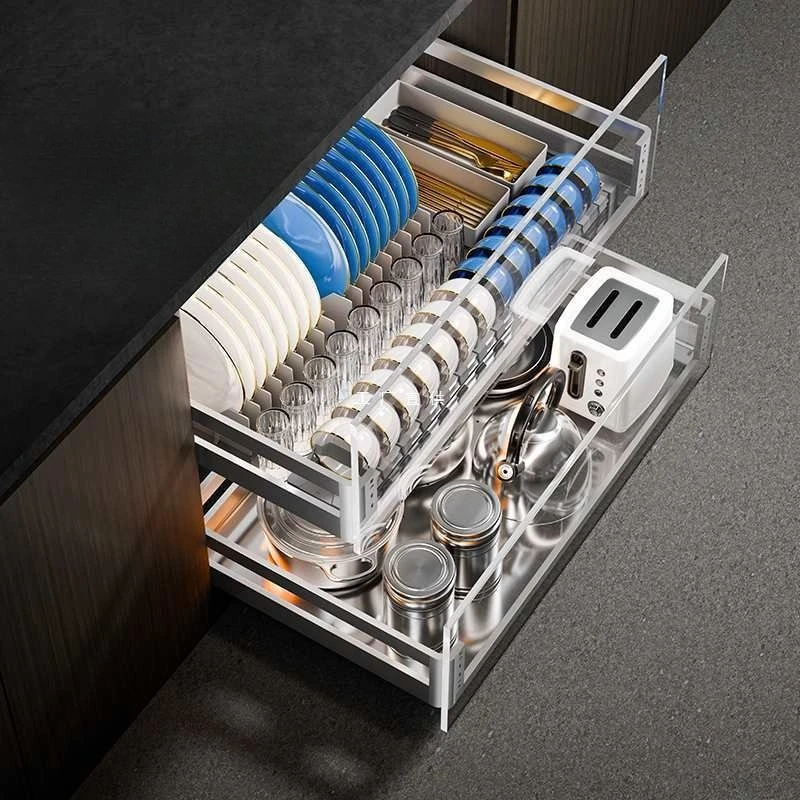 Pull Basket Kitchen Cabinet Drawer Type, Household 304 Stainless Steel Double Layer Dish Storage Basket