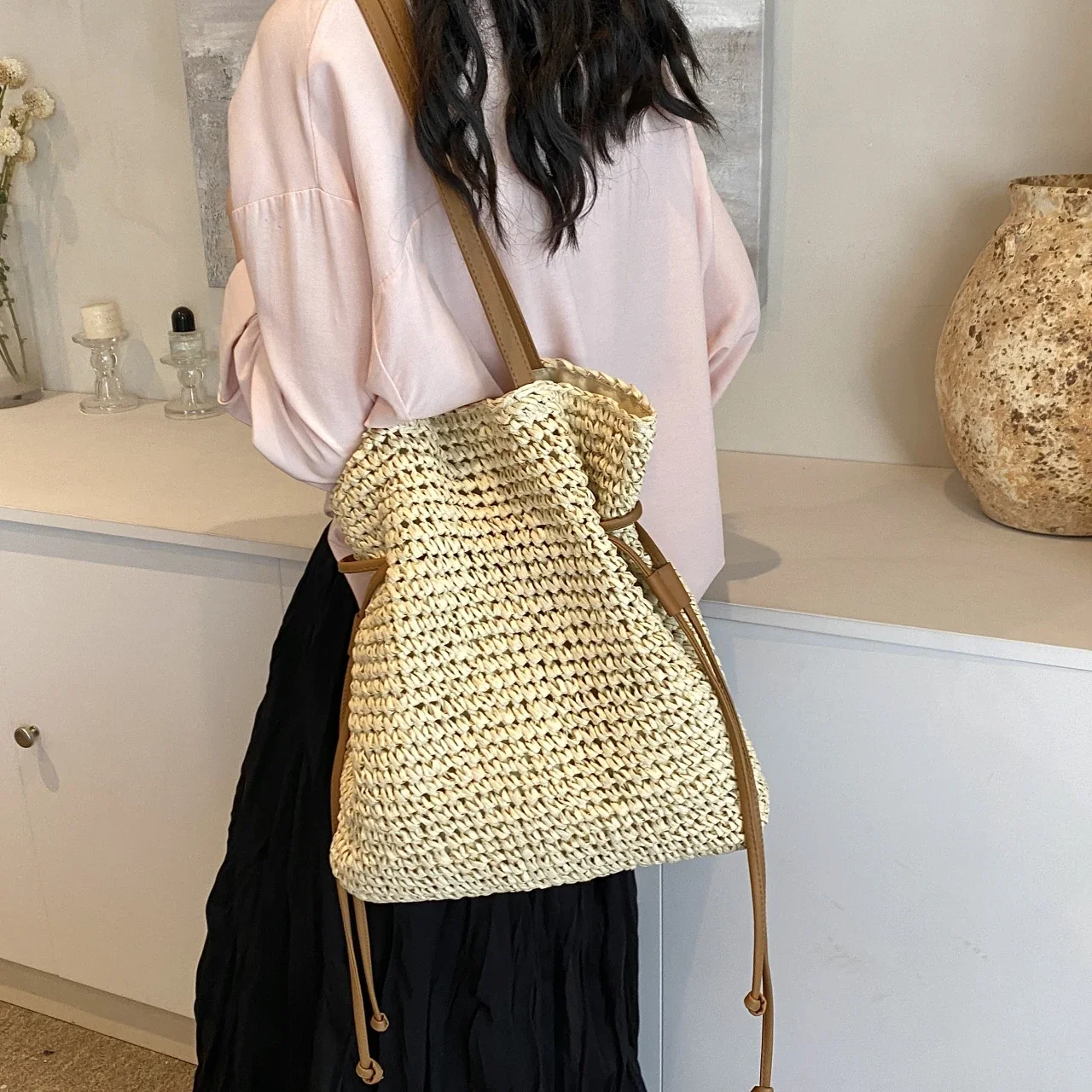 

Straw Bag Women Hand-Woven Handbag Quality Leather Shoulder Bags Beach Totes Lager Capacity Shopping Bag Rattan Bucket bolsos