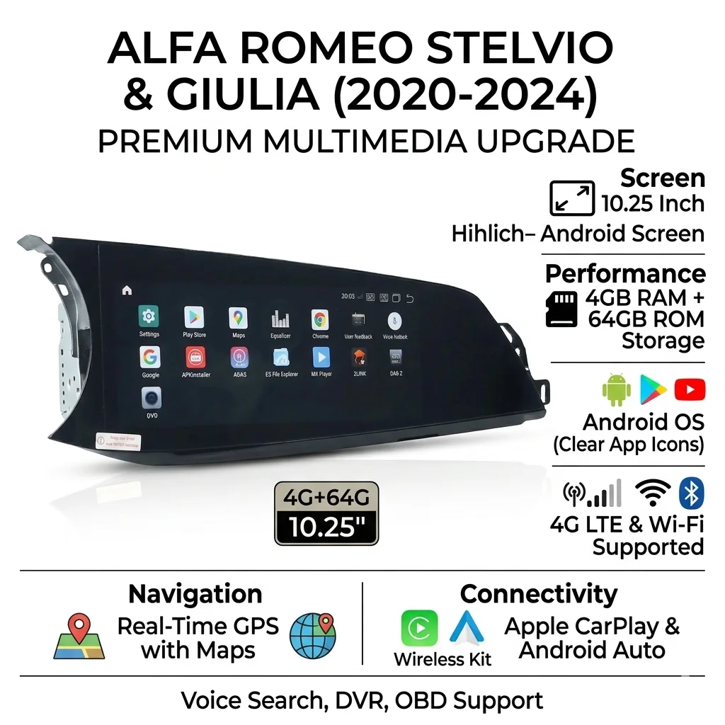 

Car Radio Stereo For Alfa Romeo Stelvio Giulia 2020-2024 Android Screen 10.25" 4G+64G GPS Navigation Multimedia Wireless Kit