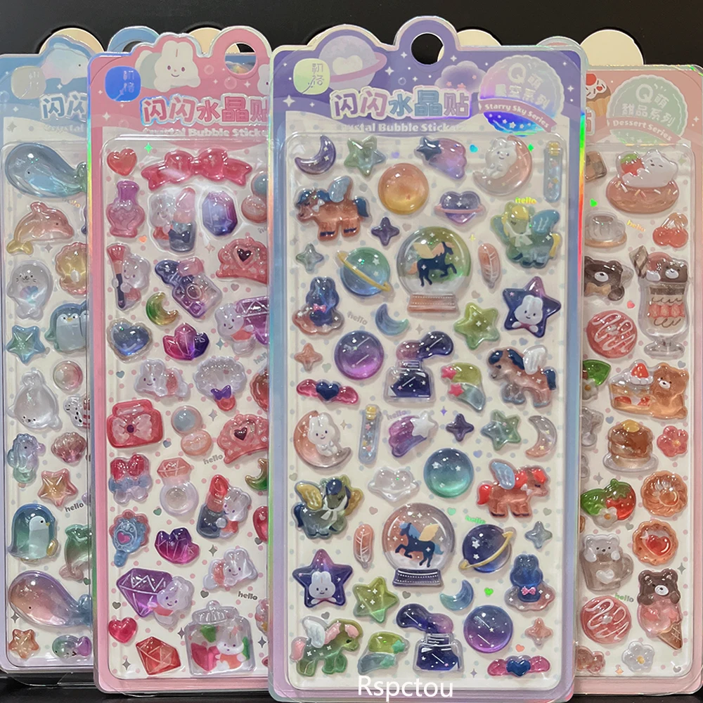 

4pcs Cute Japanese Style Q Version Relief Stickers Kawaii Cartoon Animal Fruit 3D Crystal Decals DIY Diary Phone Luggage Sticker