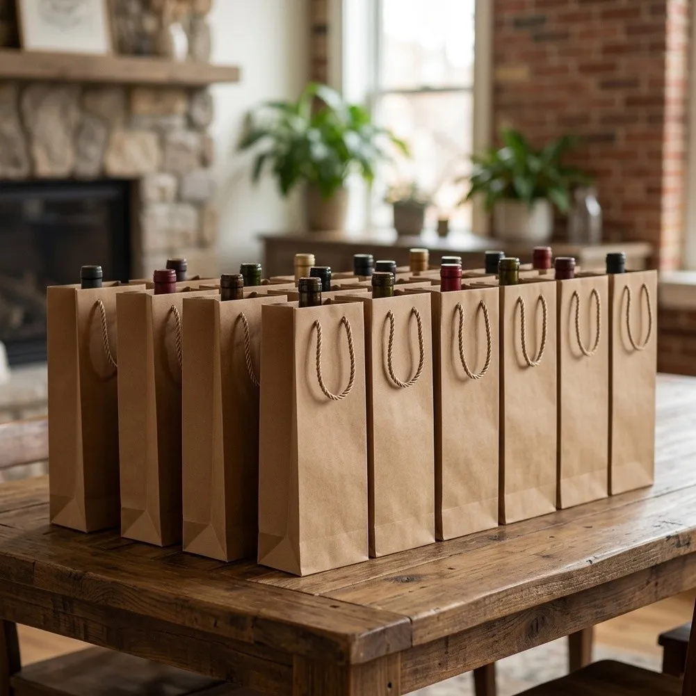 12 Pack Brown Cowhide Paper Wine Bags 35cm Reusable Pouches For Wedding Birthday Party Home Decor Display Easels