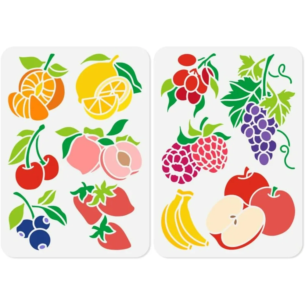 2 Stück 11,69 x 8,27 Zoll Obst-Wand-Schablonen-Vorlagen, Orange, Pfirsich, Kirsche, wiederverwendbare Kunststoff-Schablone zum Malen auf Holz-Bodenfliesen