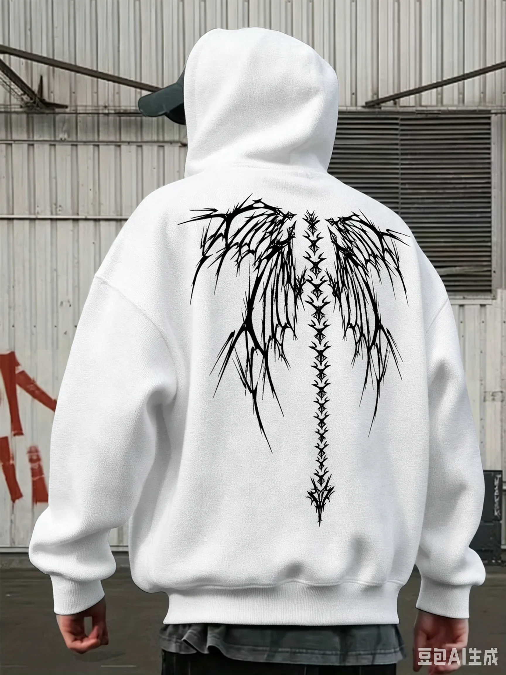 Cyber Sigil Hoodie, Unisex Drawstring Hooded Sweatshirt Gothic Spine Wings Tribal Graphic Back Print Dark Streetwear Pullover