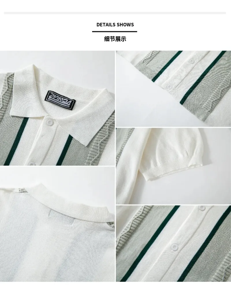 Herren Farbblock Gestreiftes Strick-Poloshirt mit Kragen, Kurzarm, Knopfleiste, Vintage Slim Fit Sommer Strand Casual Strickoberteil – Detail 5