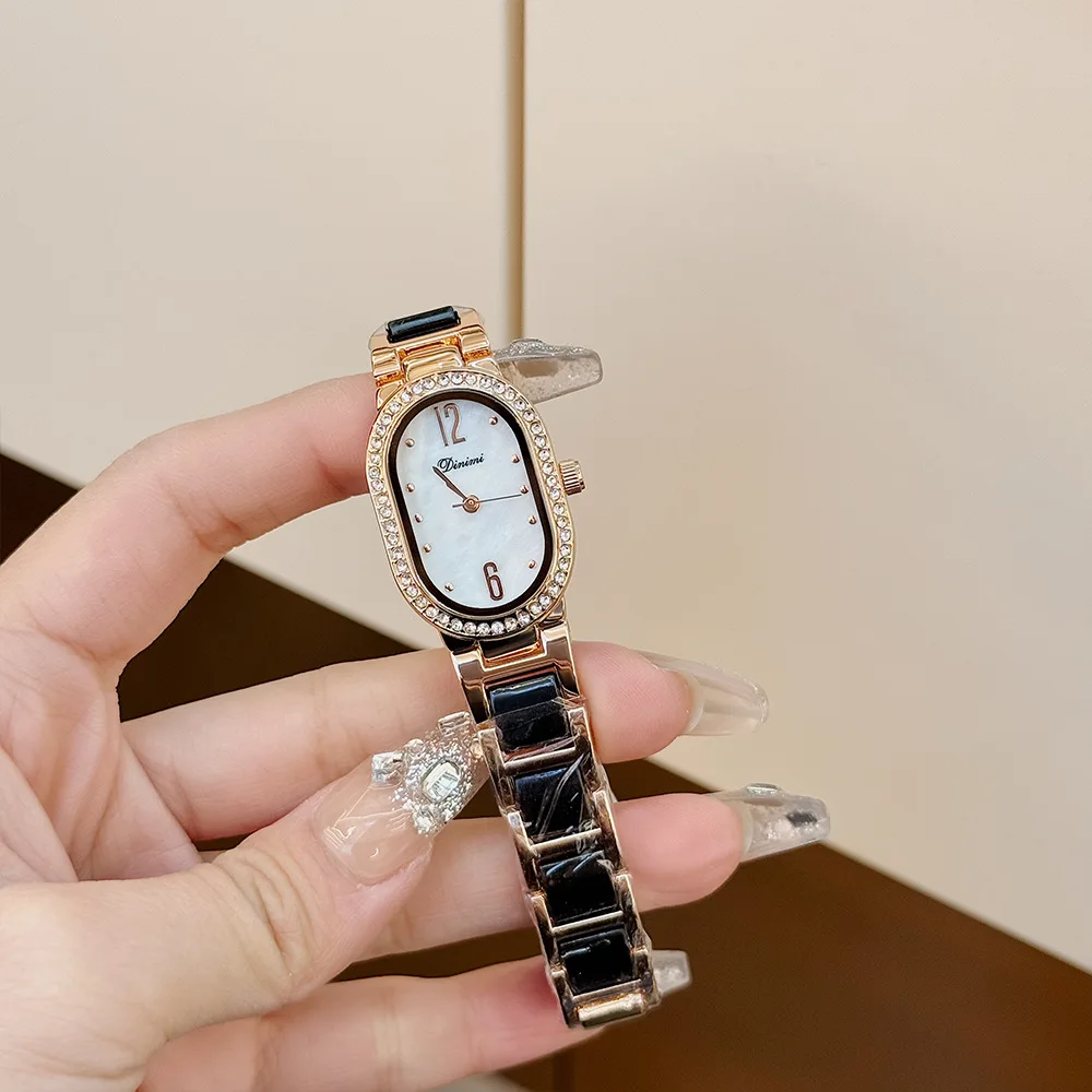 

Dinimi новые овальные женские часы, инкрустированные бриллиантами, модные легкие роскошные кварцевые часы, простые женские часы