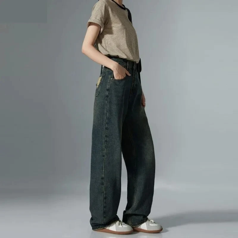 

Женские джинсы с рваными элементами в стиле ретро, весенне-летний дизайн, свободные, с высокой талией, широкие штанины, длинные, в корейском стиле Y2K, эластичные