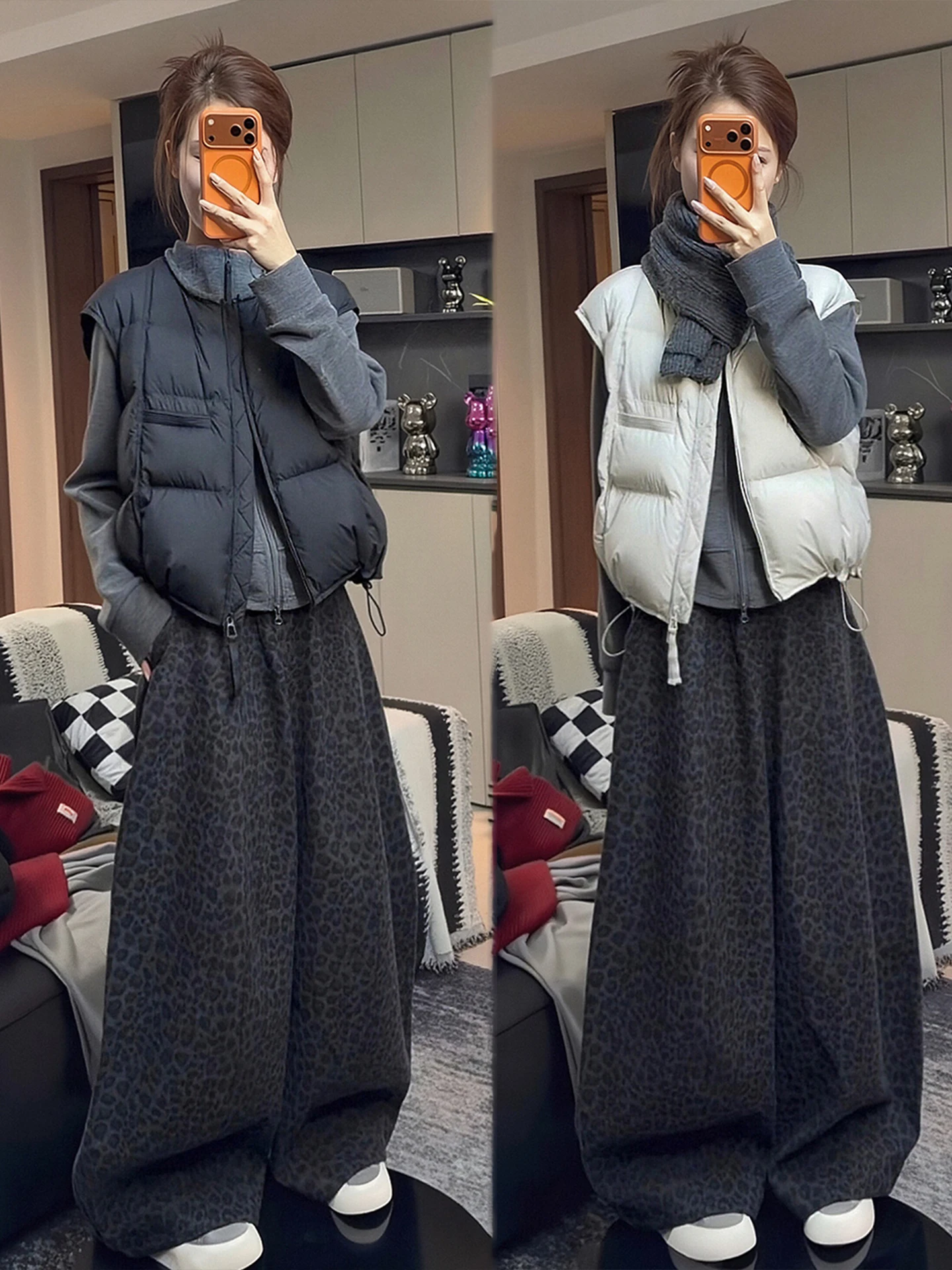 

Winter Fashion plus Size Women's Korean Style Three-Piece Set with Vest Base Shirt Wide Leg Pants Cotton Coat And Hat