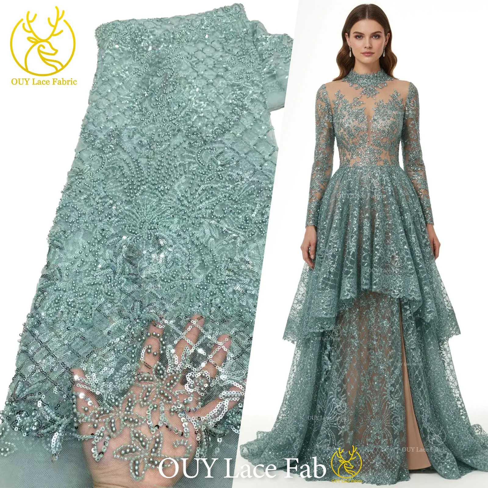 Roter afrikanischer Perlen-Spitzenstoff 2026, hochwertiger nigerianischer Pailletten-Spitzenstoff für Damen, Hochzeitskleid und Abendkleid, Nähen – Detail 10