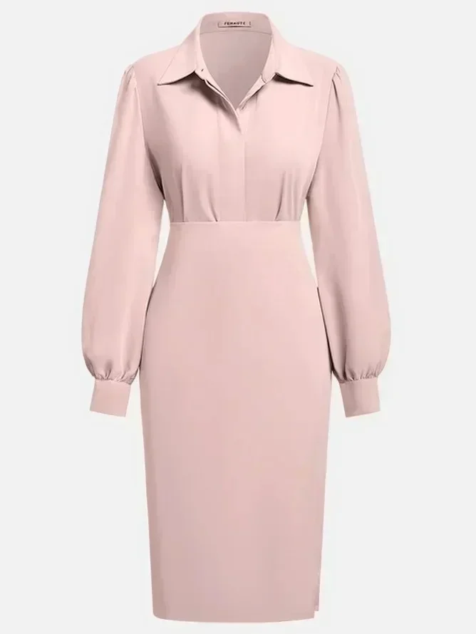 Damen Rüschenkleid mit V-Ausschnitt und Puffärmeln, Midi-Länge, Bleistiftschnitt, geraffte Taille, Schlitz, elegantes Bürokleid – Detail 12
