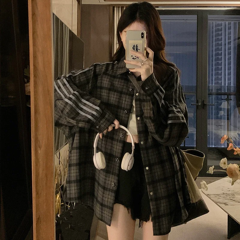 

Women Coat Spring Vintage Long Sleeve Striped Loose Plaid Single Breasted Turn-down Collar Navy Blue Coats Outerwear