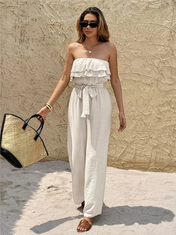 

2026 New Summer Style Sexy Tube Top Women's Ruffle Jumpsuit Casual Splicing Straps Solid Color Holiday Female Wide Leg Jumpsuit