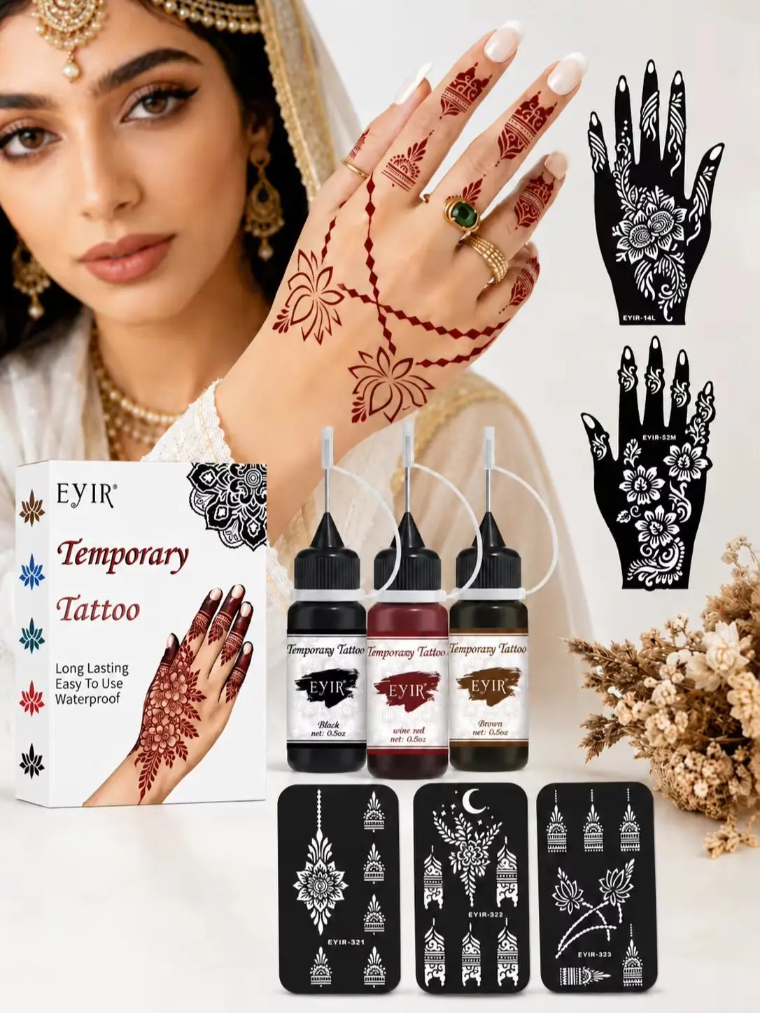 EYIR Temporäres Tattoo-Paste Set 3 Farben mit 5 Henna Handschablonen Wasserfest für Body Art DIY Festival Party – Detail 1