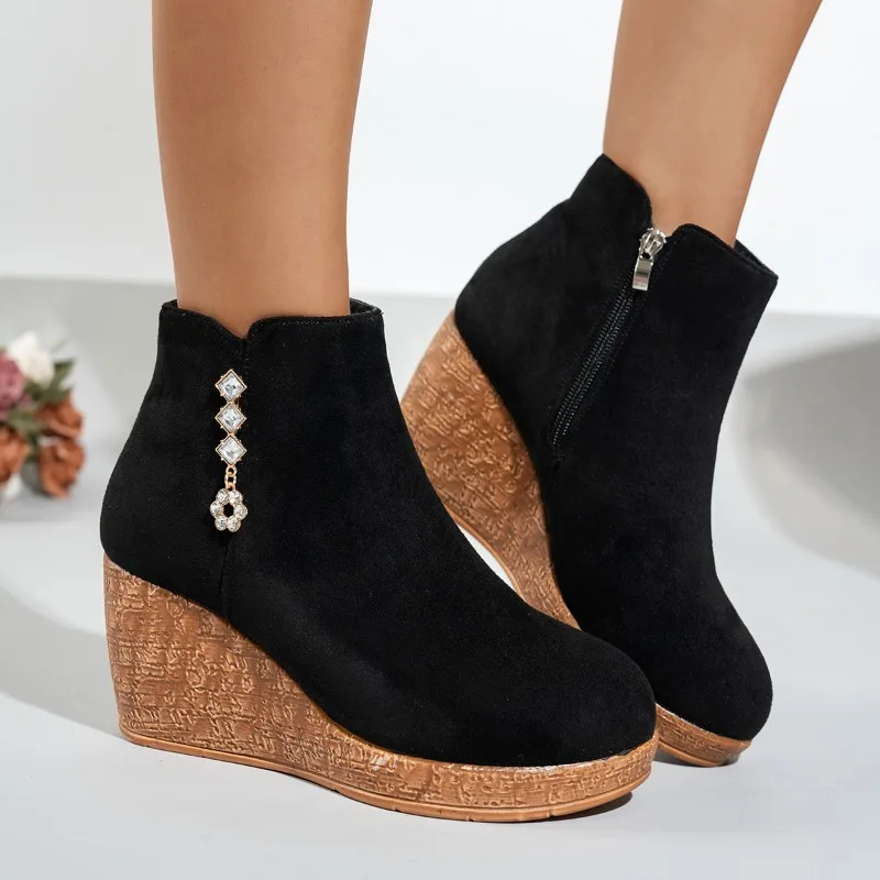 

Naked Boots Fall Winter New Fashion Wedge Round Toe Zip Rhinestone Platform Non-Slip Cotton Boots