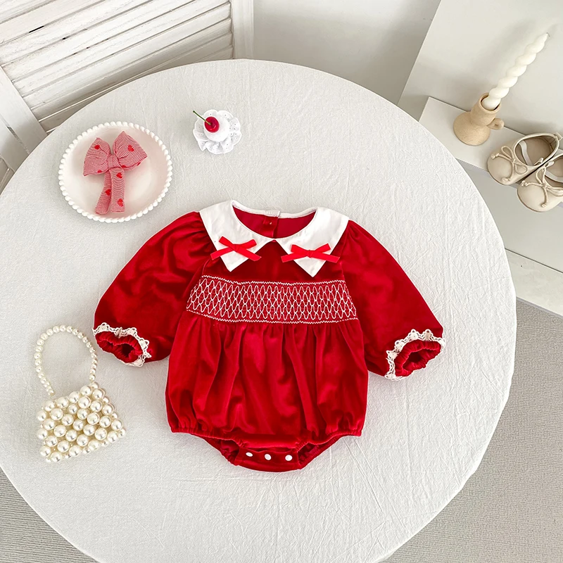 Baby Mädchen Roter Samt-Body mit Schleife Langarm Neugeborenen Party Geburtstags-Outfit Herbst Weihnachten Süßer Baby-Strampler 0-24M – Detail 6