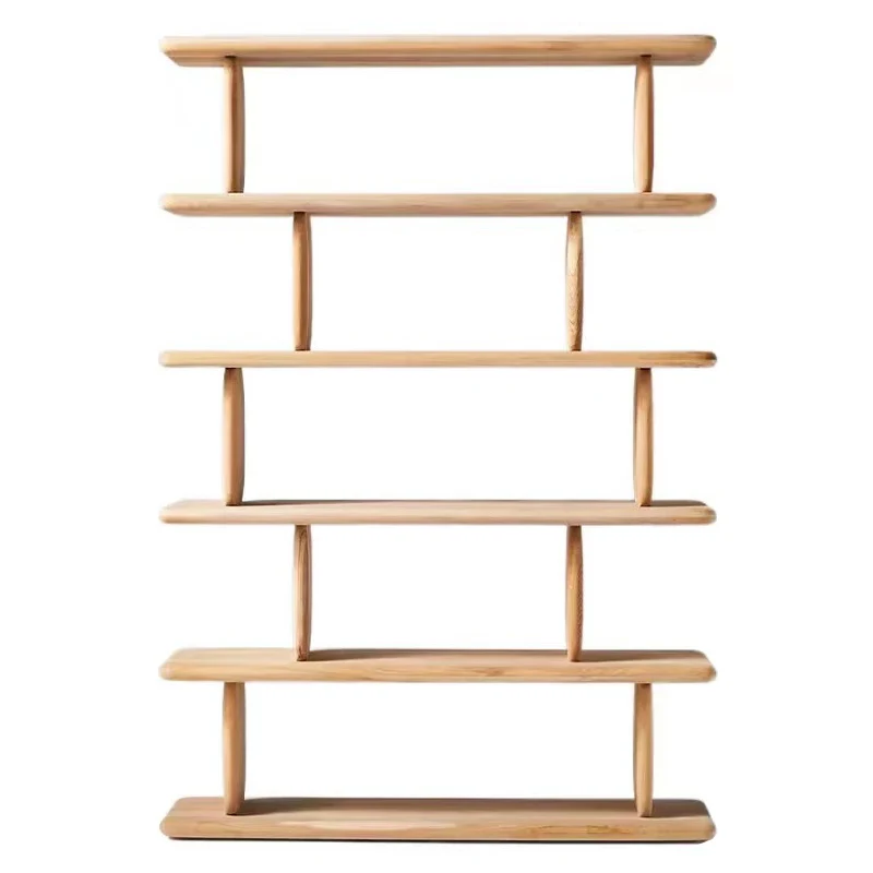 All solid wood bookshelf Modern simple five-layer floor-to-ceiling display rack Log color children's room storage