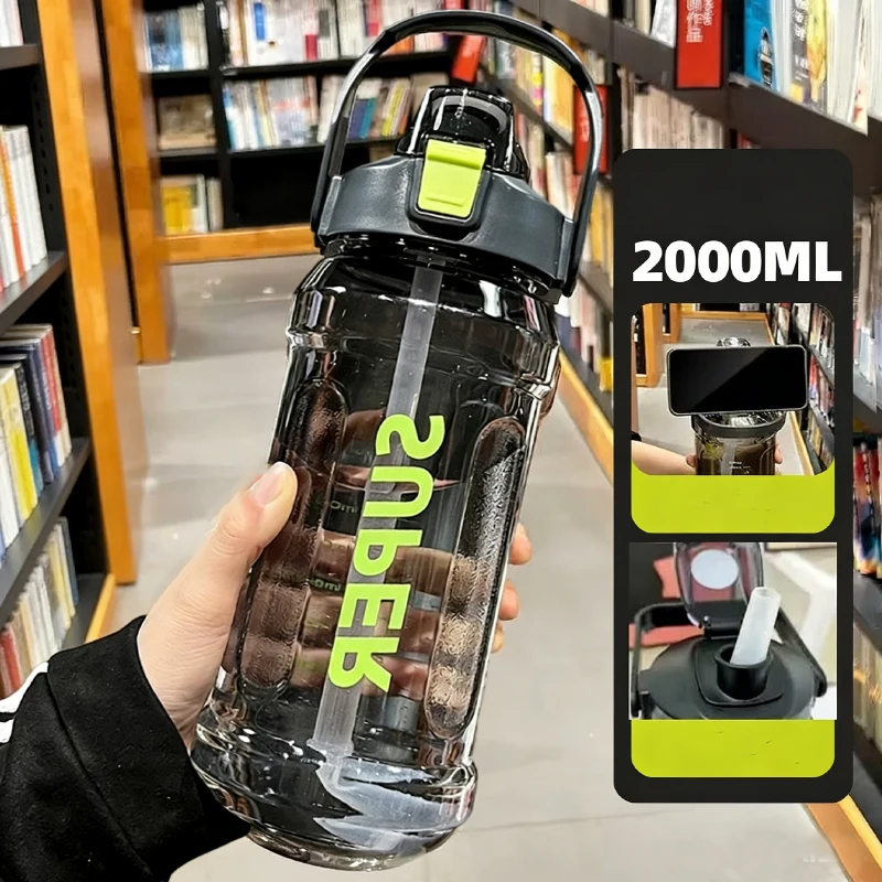 Large-capacity Sports Water Bottle 2 Liters Trendy INS Style Straw Cup with Scale Portable Leak Proof Drop Resistant Water Cup