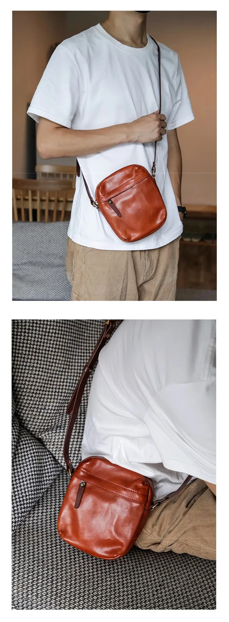 PNDME Einfache Vintage Luxus Echtleder Herren-Umhängetasche Outdoor Wochenend- und Alltagstasche aus natürlichem Rindsleder Handy-Umhängetasche – Detail 5
