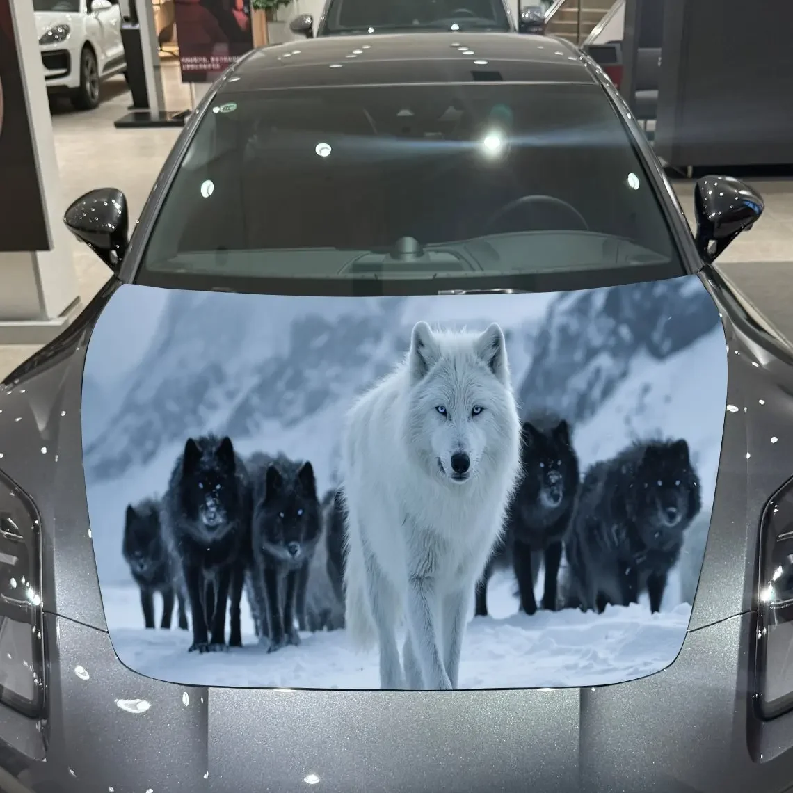 Snow Wolf Pack Dominance Scene PVC Car Hood Wraps, Self-Adhesive Waterproof Car Bonnet Decal Sticker, Car Decoration Protection