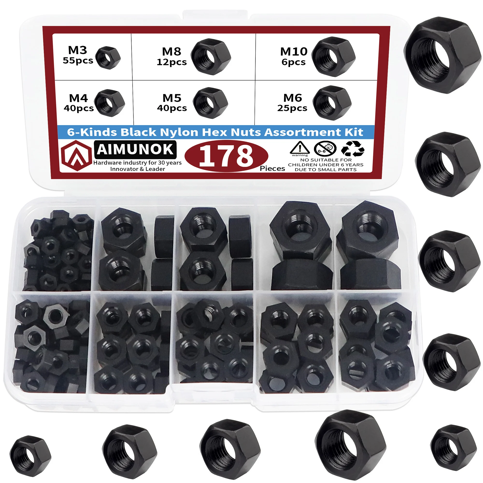 178pcs M3 M4 M5 M6 M8 M10 6-Kinds Black Nvlon Hex Nuts Assortment Kit Fastening Protection Resistant To Wear And Fall Off