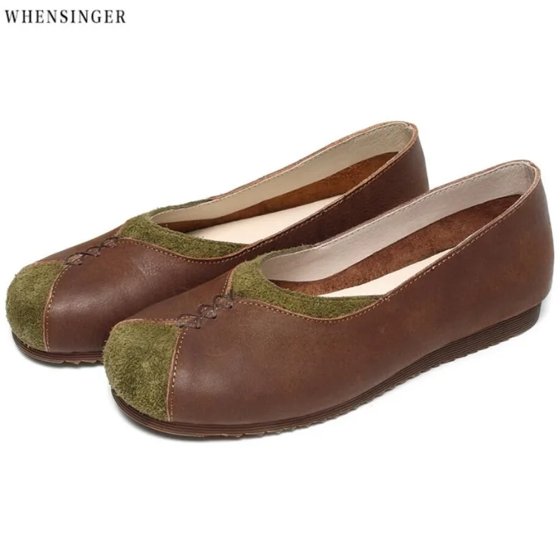 

Whensinger - Women Flat Shoes loafers Retro handcraft Genuine Leather Casual Flats Shoe Comfortable Driving shoes Ventilation