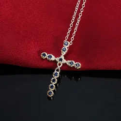 Hot 925 sterling silver Blue crystal cross Pendant Necklace For Women Christmas gifts fashion Wedding party fine noble Jewelry