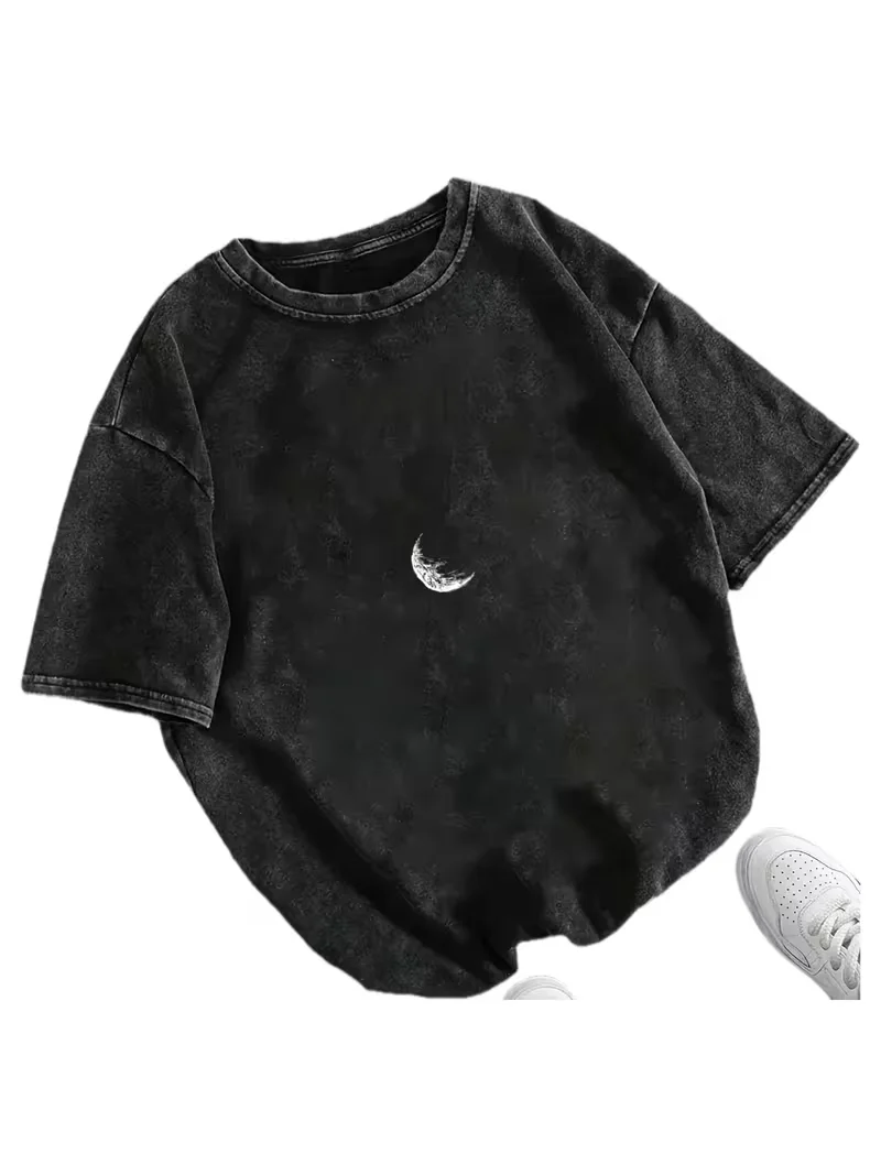 Danqi Yoyo Vintage Washed Moon Graphic T-Shirt Summer Casual Loose Fit Crew Neck Short Sleeve Tee Trendy Streetwear