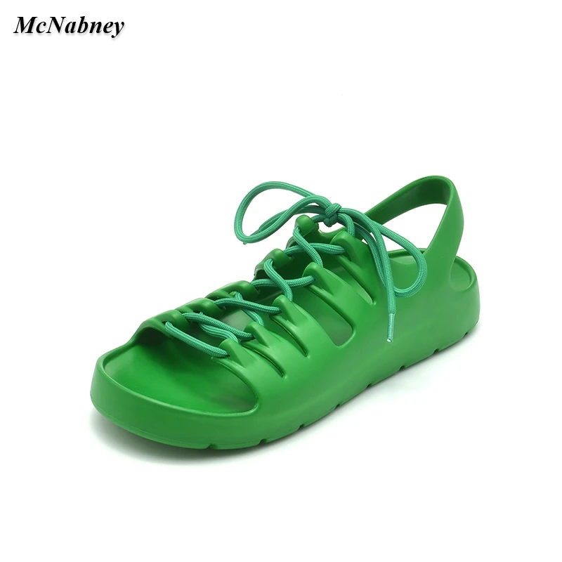 

2023 New Summer Women Rubber Flat Sandals Lace Up Hollow Outs Hole Shoes Outdoor Leisure Non Slip Beach Vacation Lady Slippers