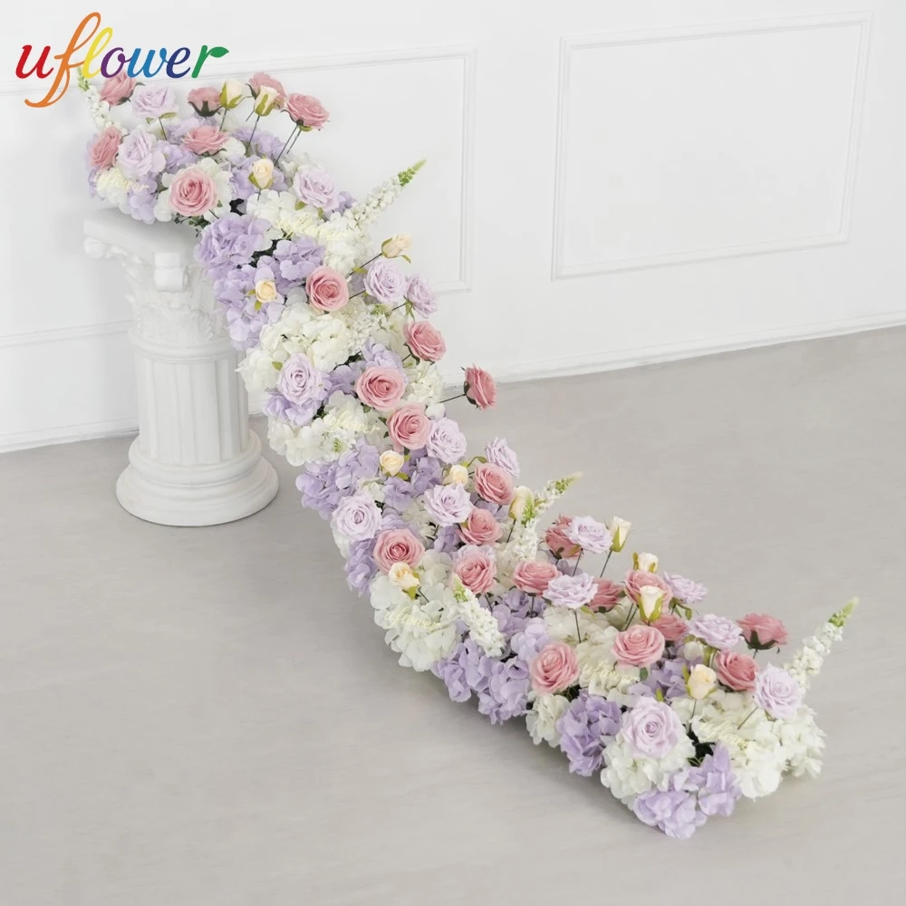 New Pink Lavender White Rose Hydrangea Artificial Flower Row For Wedding Table Centerpiece Aisle Floor Sofa Backdrop Party Decor