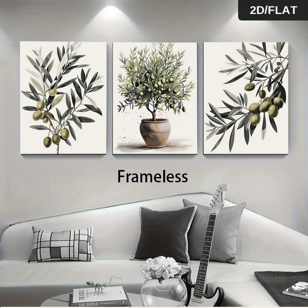 1 set of simple green plants, olive branches, triple layered living room sofa background, frameless decorative painting, 2D plan