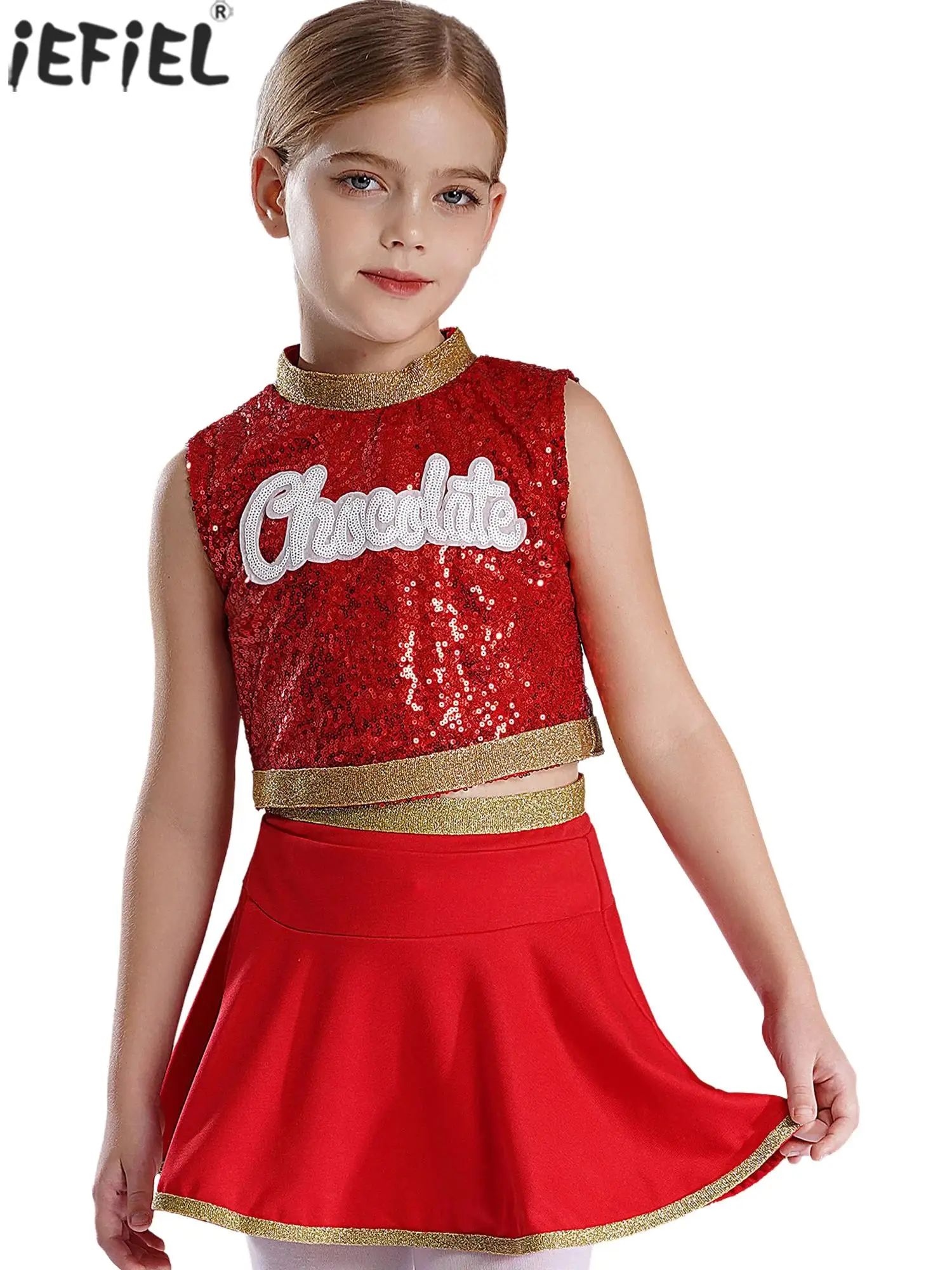 

Kids Girls Cheerleading Jazz Dance Performance Costume Sleeveless Letter Print Sequins Tops with Skirt Cheerleader Dancewear