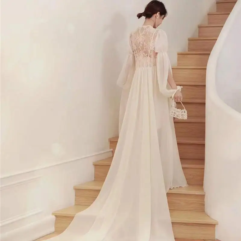 Bride Lace Mesh Bathrobe Wedding Nighty Gown Women Long Sleeve Sleepwear Sexy Nightgown Kimono Robe Summer New Nightwear