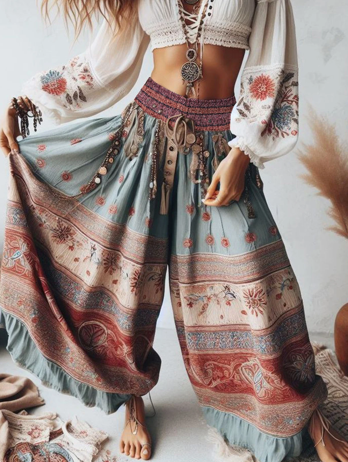 Women's Elegant Retro Bohemian Patchwork High Waist Wide Leg Pants Sexy Layered Ruffle Classic Daily Casual Long Women Trousers