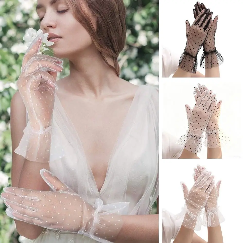 Elegant Ultra Thin Tulle Polka Dot Gloves Full Finger Breathable Lace Mesh Gloves Transparent Wedding Party Mittens Bride