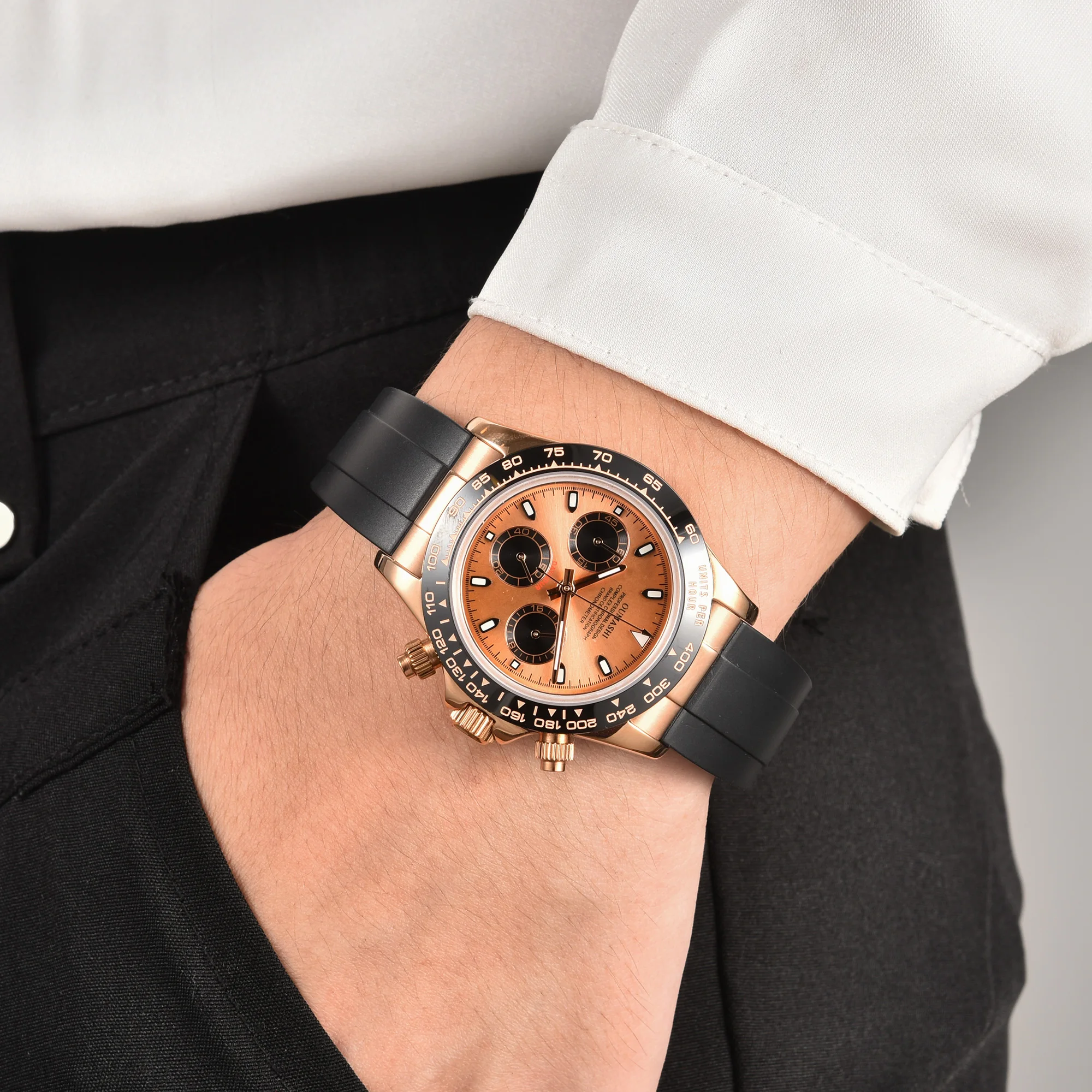 ساعة رياضية رجالية باللون الذهبي الوردي 39 ملم للرجال VK63 ساعة كرونوغراف من الفولاذ المقاوم للصدأ الياقوت مقاومة للماء 10ATM حافظة صلبة مضيئة