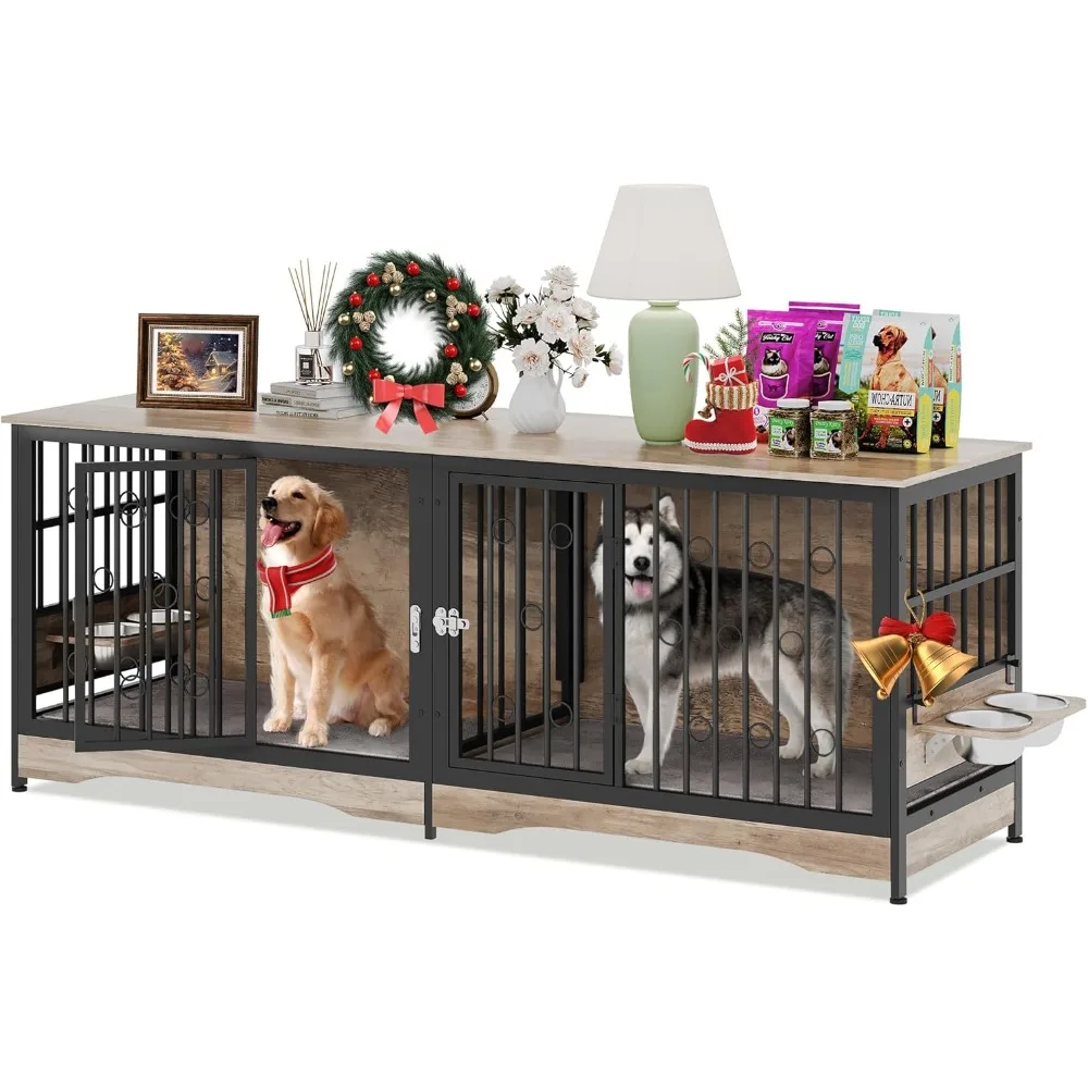 

US Dog Crate Furniture Large Storage TV Stand with Dual Cushion / 4 Bowls/Double Rooms Wooden Dog Kennel Dog Crate