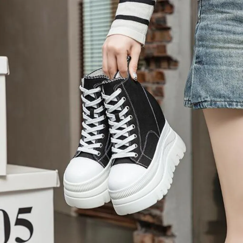 New 12cm 2026 Denim Women Breathable Platform Hidden Heels Shoes Genuine Leather Synthetic Chimney Fashion Autumn Ankle Booties