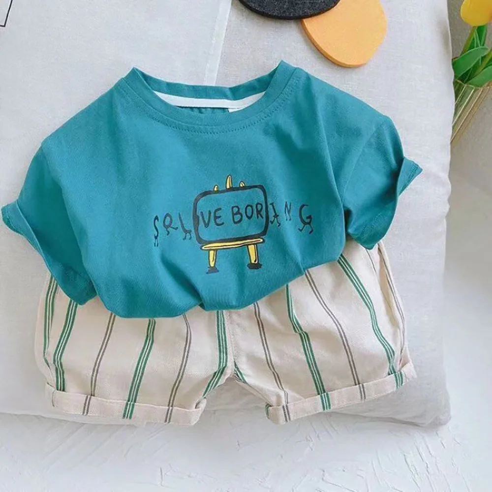 

Summer Baby Boys T-shirts+Striped Shorts 2Pcs 2023 New Kids Boys Outfit Suit Casual Loose Children Clothes Sets 1-6Years Old