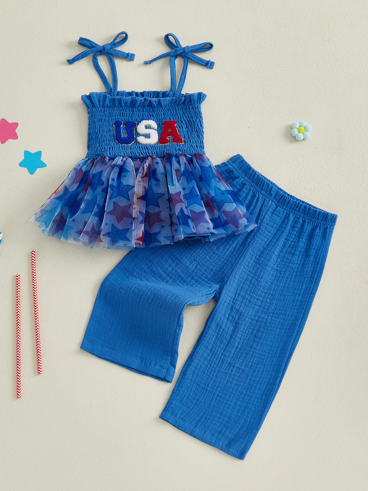 独立記念日幼児女の子衣装レター刺繍チュールネクタイショルダーキャミソール無地パンツ 2 点セット 7 月 4 日用
