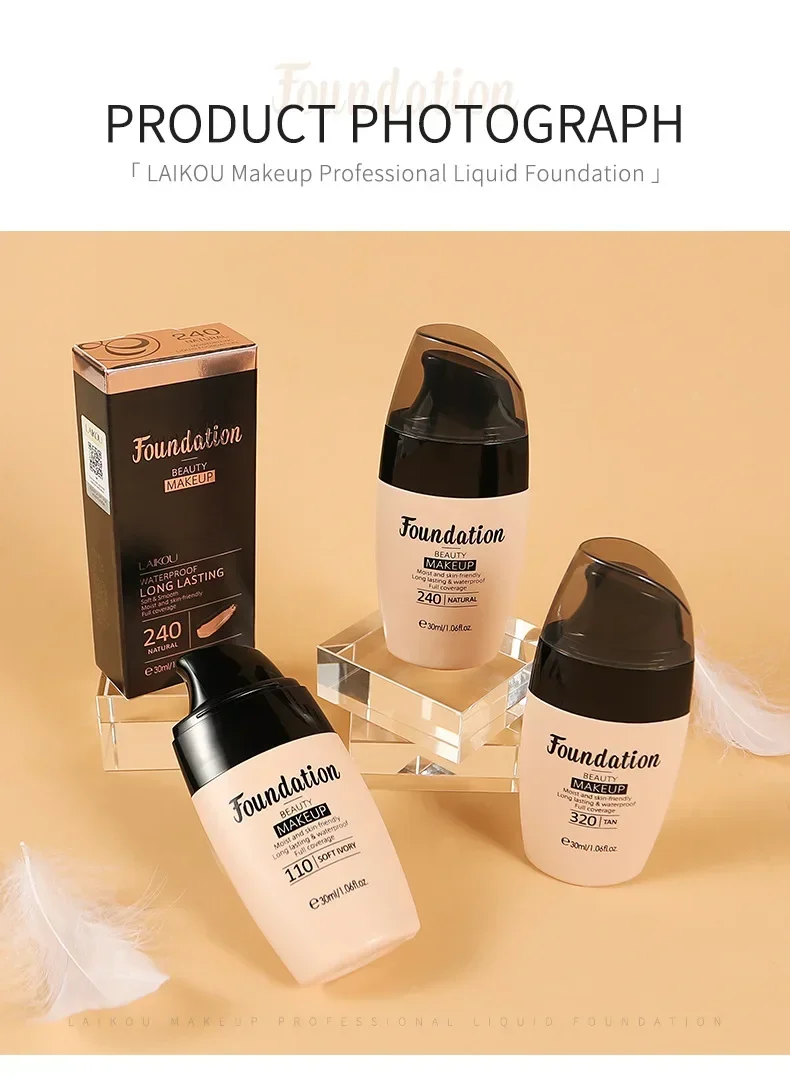 LAIKOU リキッドファンデーション保湿長期持続フェイスコスメティックナチュラルブライトンフェイスベーストーンメイクアップ 30ml