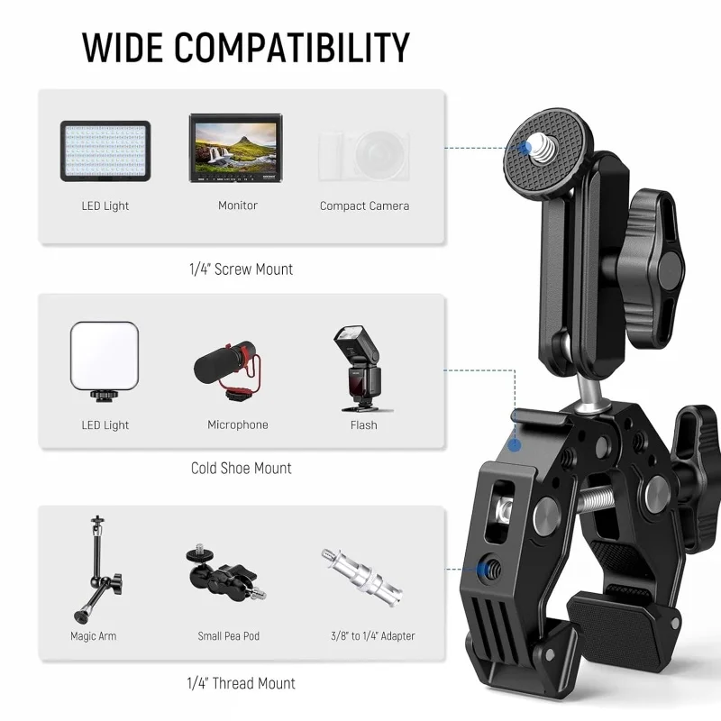 Universal Aluminum Super Clamp with Double Ball Head Magic Arm 1/4